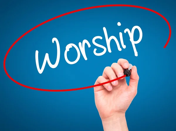 Man Hand writing Worship with black marker on visual screen — Stock Photo, Image