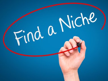 Man Hand writing Find a Niche with marker on transparent wipe bo