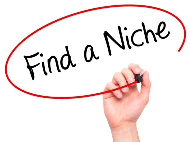 Man Hand writing Find a Niche with marker on transparent wipe bo