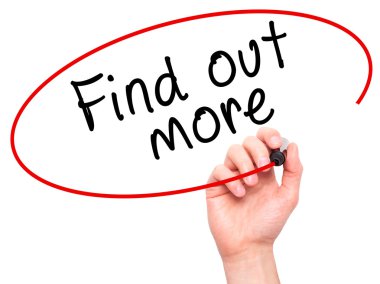 Man Hand writing Find out more with marker on transparent wipe b