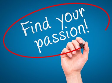 Man Hand writing Find your passion! with marker on transparent w