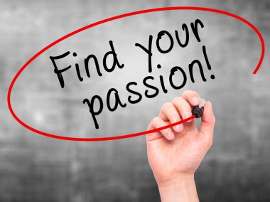 Man Hand writing Find your passion! with marker on transparent w