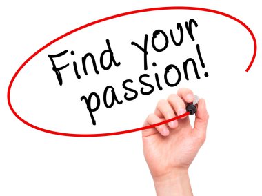 Man Hand writing Find your passion! with marker on transparent w