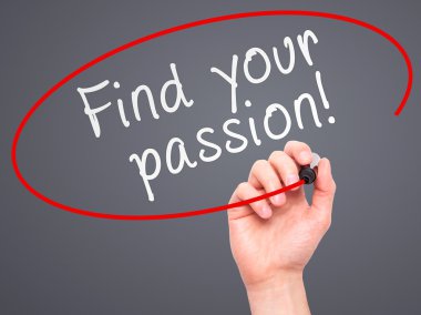 Man Hand writing Find your passion! with marker on transparent w
