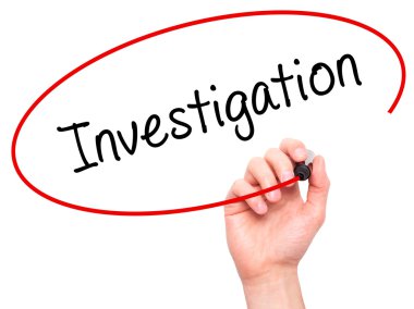 Man Hand writing Investigation with marker on transparent wipe b