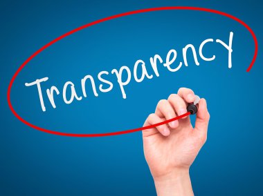 Man Hand writing Transparency with marker on transparent wipe bo