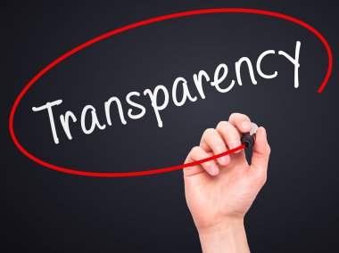 Man Hand writing Transparency with marker on transparent wipe bo