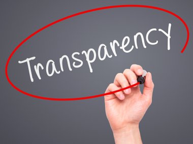 Man Hand writing Transparency with marker on transparent wipe bo