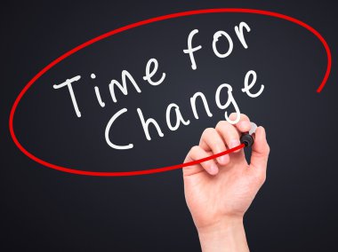 Man Hand writing Time for Change with marker on transparent wipe