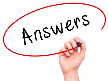 Man Hand writing Answers with marker on transparent wipe board