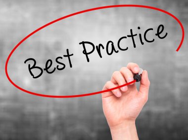 Man Hand writing Best Practice with marker on transparent wipe b