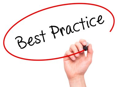 Man Hand writing Best Practice with marker on transparent wipe b