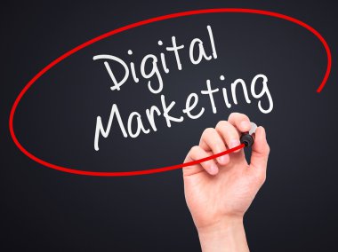 Man Hand writing Digital Marketing with marker on transparent wi