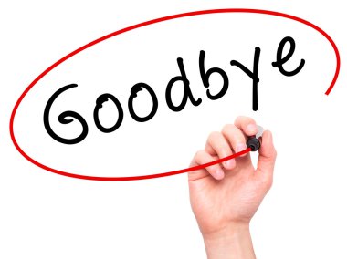 Man Hand writing Goodbye with marker on transparent wipe board