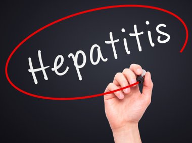Man Hand writing Hepatitis with marker on transparent wipe board
