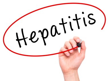 Man Hand writing Hepatitis with marker on transparent wipe board