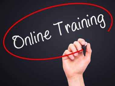 Man Hand writing Online Training with marker on transparent wipe