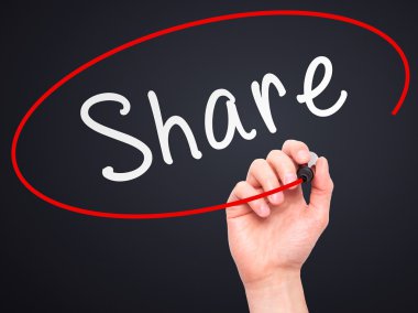 Man Hand writing Share with marker on transparent wipe board