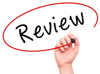 Man Hand writing Review with marker on transparent wipe board