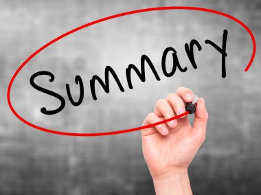 Man Hand writing Summary with marker on transparent wipe board