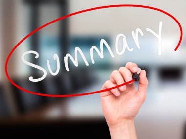 Man Hand writing Summary with marker on transparent wipe board