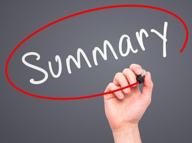 Man Hand writing Summary with marker on transparent wipe board