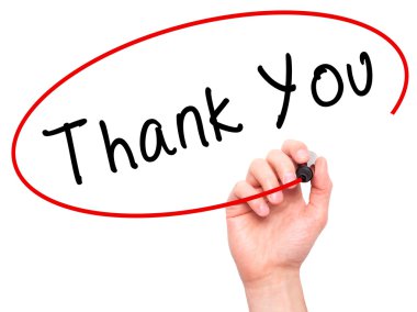 Man Hand writing Thank You with marker on transparent wipe board