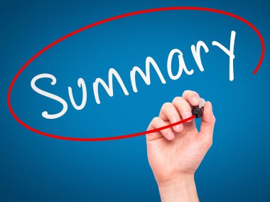 Man Hand writing Summary with marker on transparent wipe board