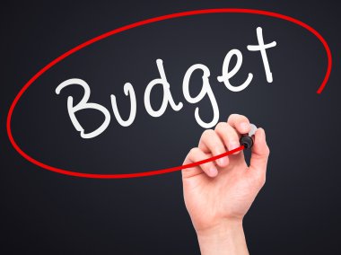Man Hand writing Budget with marker on transparent wipe board