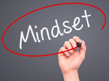 Man Hand writing Mindset with marker on transparent wipe board i