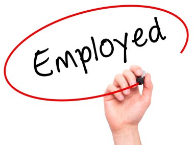 Man Hand writing Employed with marker on transparent wipe board