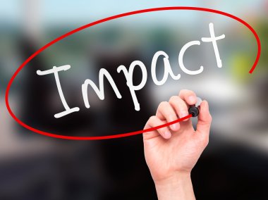 Man Hand writing Impact with marker on transparent wipe board
