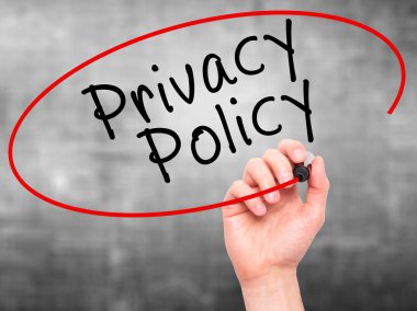 Man Hand writing Privacy Policy black marker on visual screen