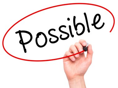 Man Hand writing Possible with marker on transparent wipe board