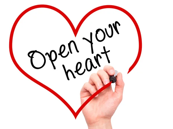 Man Hand writing Open your heart with marker on transparent wipe — Stock Photo, Image