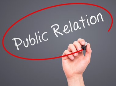 Man Hand writing Public Relations with marker on transparent wip