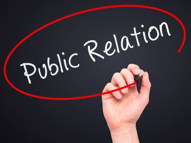 Man Hand writing Public Relations with marker on transparent wip