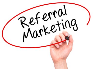 Man Hand writing Referral Marketing with marker on transparent w