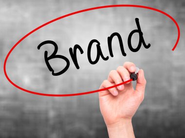 Man hand writing Brand on visual screen