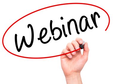 Man Hand writing Webinar black marker on visual screen