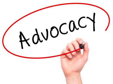 Man Hand writing Advocacy with marker on transparent wipe board