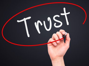 Man Hand writing Trust black marker on visual screen