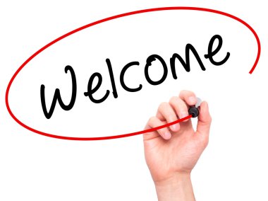 Man Hand writing Welcome with marker on transparent wipe board