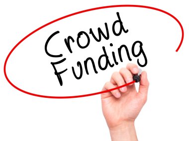 Man Hand writing Crowd Funding with marker on transparent wipe b
