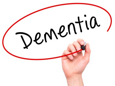 Man Hand writing Dementia with marker on transparent wipe board