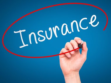 Man Hand writing Insurance with marker on transparent wipe board