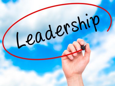 Man Hand writing Leadership with marker on transparent wipe boar