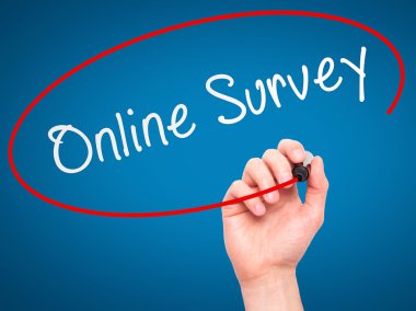 Man hand writing Online Survey on visual screen