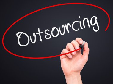 Man Hand writing Outsourcing  with marker on transparent wipe bo