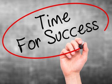 Man Hand writing Time For Success with marker on transparent wip